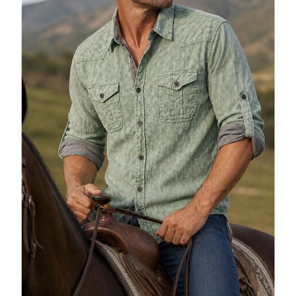 Buffalo David Bitton Union Fade Shirt Men M Green Western Roll Tab Button Up